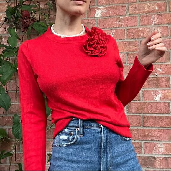 Kate Spade Red Floral Applique Sweater S Coquette Preppy Cottagecore Knit Top - Picture 1 of 12